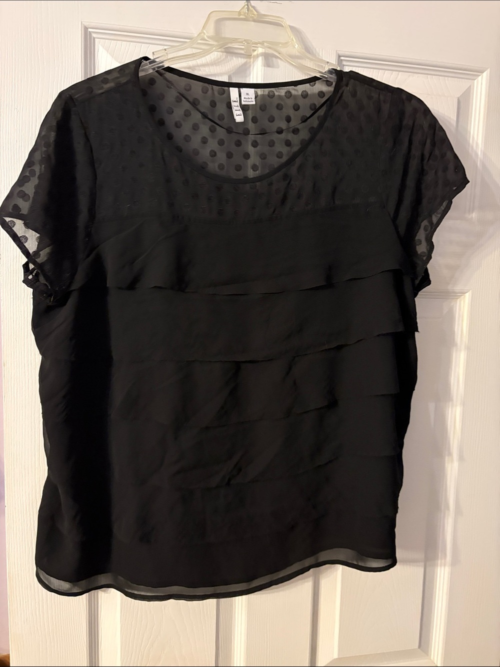 Elle Black Layered Chiffon Polka Dot Yoke Blouse